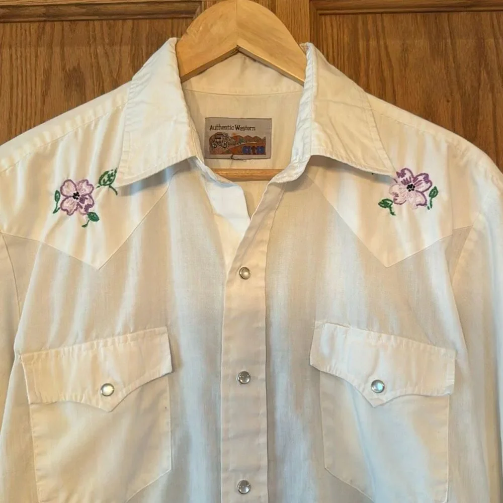 ATA Vintage 70s Authentic Western Pearl Snap Shirt Embroidered Peacock Floral Yo